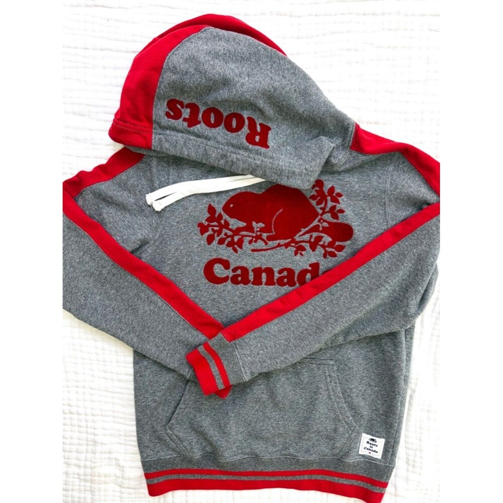 Roots Canada Hoodie XS Gray Red Beaver Logo Pullover Sweatshirt